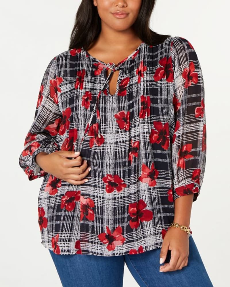 Front of a model wearing a size 0X Tommy Hilfiger Women's Plus Wear to Work Tie Neck Blouse Blue Size 0X in Blue by Tommy Hilfiger. | dia_product_style_image_id:311535